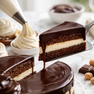 Čokoladna torta z gladko kremo in tekočo glazuro v trenutku reza, vidna plastna tekstura