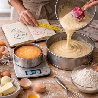 Vlivanje biskvitnega testa v večji model ob preračunu velikosti torte in razmerij recepta