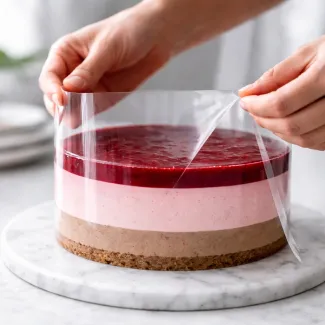 Odstranjevanje acetatne folije z mousse torte razkrije popolnoma gladek rob in čiste plasti kreme
