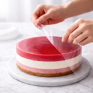 Odstranjevanje acetatne folije z večplastne mousse torte razkrije popolnoma gladek rob kreme