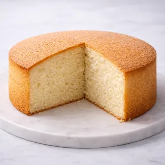 Popoln biskvit z enakomerno strukturo, mehko sredico in drobnimi zračnimi porami, minimalistično postavljen.