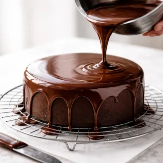Sijoča čokoladna glazura se preliva po torti in ustvarja popolnoma gladek premaz brez grudic