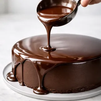 Sijoča čokoladna glazura se preliva čez torto in ustvarja gladek, zrcalno sijoč premaz