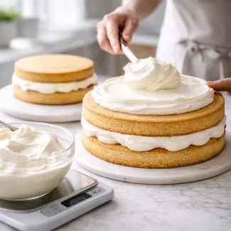 Povečana torta z debelo plastjo kreme med biskvitnimi plastmi med natančnim sestavljanjem torte