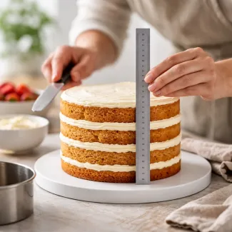 Merjenje višine večplastne biskvitne torte z ravnilom za pravilno razmerje premera in strukture