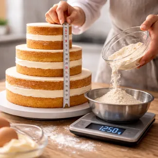 Merjenje višine večnadstropne torte med tehtanjem mase za natančen preračun količin biskvita