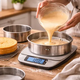 Roka vliva biskvitno maso v večji model na tehtnici med preračunom recepta za večjo torto