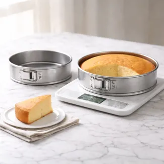 Dva tortna modela različnih velikosti, biskvit na tehtnici in rezina torte za preračun količin recepta