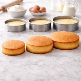 Tri biskvitne torte različnih premerov ob modelih z maso, prikaz razmerja količin pri peki tort