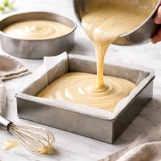 Prelivanje biskvitnega testa iz okroglega modela v kvadratni pekač na svetlem kuhinjskem pultu