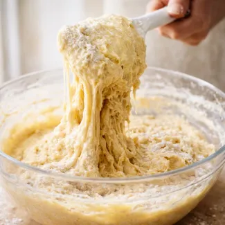 Gosta biskvitna masa na lopatici razkriva suho teksturo in slab dvig testa