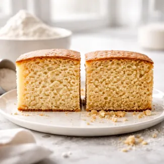 Prerez biskvita z zbito, suho teksturo zaradi preveč moke in slabega dviga med peko