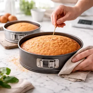 Preverjanje pečenosti visokega biskvita v večjem modelu za torto z lesenim nabodalom