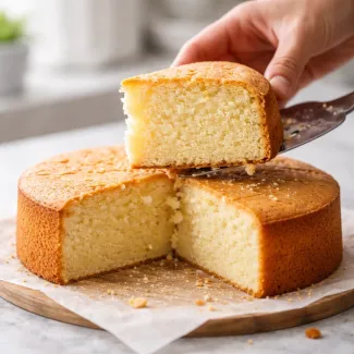 Rez puhast biskvit z drobno sredico, vidna vlaga in enakomerna struktura