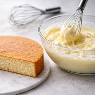 Raven biskvit z gosto sredico poleg premalo stepene jajčne pene, ki ne ustvari dovolj zraka za dvig testa