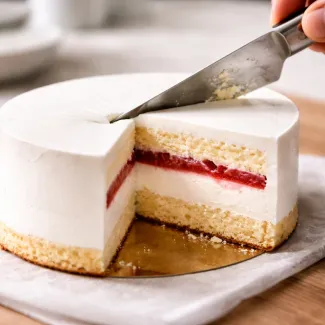 Natančen rez skozi kremno torto razkrije čiste plasti, stabilno strukturo in gladko teksturo