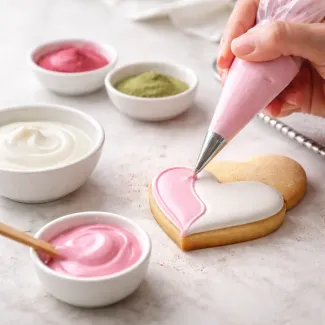 Ročno nanašanje naravno obarvanega royal frostinga na srčast piškot z gladko linijo dekoracije