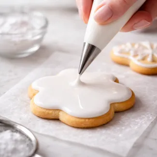 Gladka plast royal icinga brez mehurčkov med dekoriranjem sladkornega piškota z dresirno vrečko