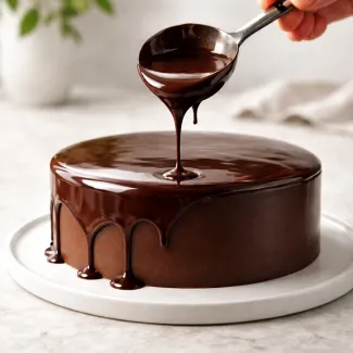 Sijoča čokoladna glazura se enakomerno preliva čez torto in ustvarja gladko, zrcalno površino
