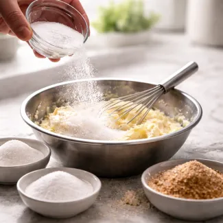 Sladkor pada v masleno testo med mešanjem, različne vrste sladkorja vplivajo na teksturo peciva