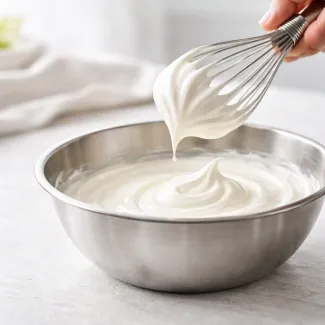 Stepena smetana z mehkim vrhom na metlici, gladka tekstura tik pred stabilno fazo