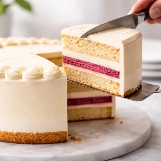 Natančen rez torte z enakomernimi plastmi kreme in stabilno, čvrsto strukturo