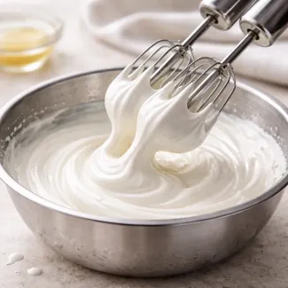 Stabilna bela pena na metlicah s sijajem in mehko, zračno teksturo, pripravljena za uporabo