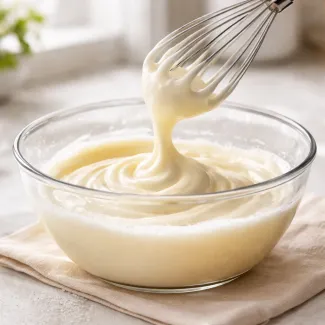 Stabilna jajčna pena za biskvit pada z metlice v svilnatem traku nad stekleno posodo