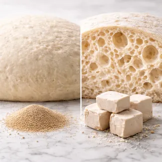 Prerez zbitega in zračnega testa s suhim in svežim kvasom, vidna struktura alveol