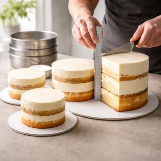 Pek meri višino večplastnih tort različnih premerov za primerjavo velikosti in porcij