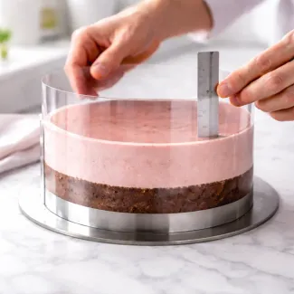 Roka slaščičarja meri višino acetatne folije nad visoko mousse torto v tortnem obroču