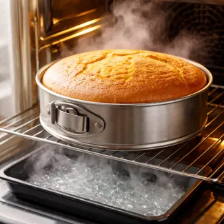 Biskvit v modelu med peko v pečici, para ustvarja vlago za enakomeren dvig in rahlo strukturo