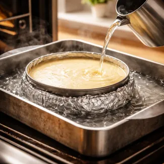 Vroča voda obdaja model s cheesecakeom med peko in ustvarja enakomerno kremno teksturo