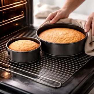 Večji in manjši biskvit v modelih za torto prikazujeta razliko v dvigu in strukturi med peko