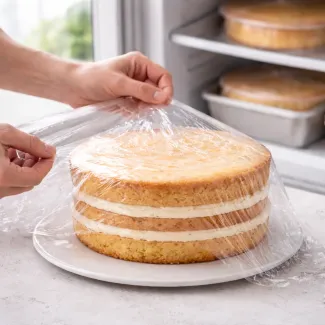 Roke ovijajo biskvitno torto s kremo v folijo pred zamrzovanjem za ohranitev mehke teksture