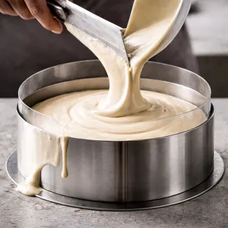 Vlivanje moussa v tortni obroč z acetatno folijo, vidna reakcija roba na pritisk mase