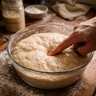 Prst nežno pritisne v fermentirano testo z vidno zračno strukturo in napetostjo