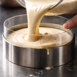 Nalivanje mousse mase v tortni obroč z acetatno folijo, vidni zračni žepi in robni zdrs