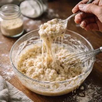 Lepljiva masa tapiokinega škroba z grudicami med mešanjem v stekleni skledi