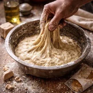 Raztegovanje fermentiranega testa z roko, vidna elastičnost in struktura kvasa