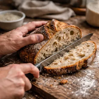 Rezanje zbitnega kruha z drožmi razkrije gosto, vlažno in neenakomerno sredico