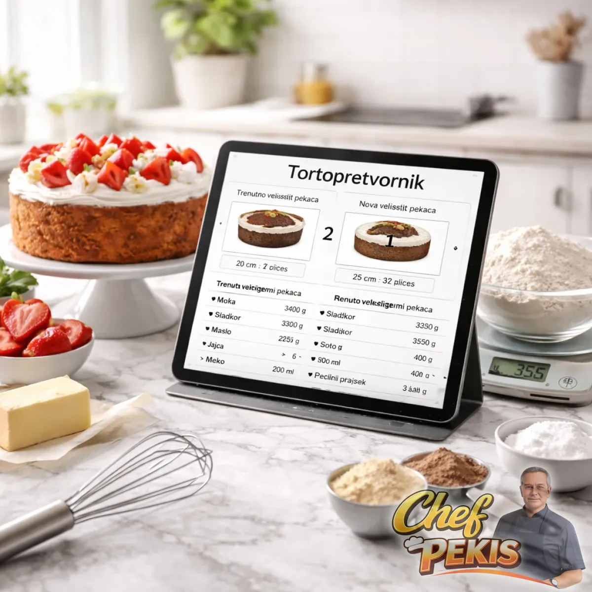 Tortopretvornik na marmornem pultu ob sveže narezani torti z zračno sredico.