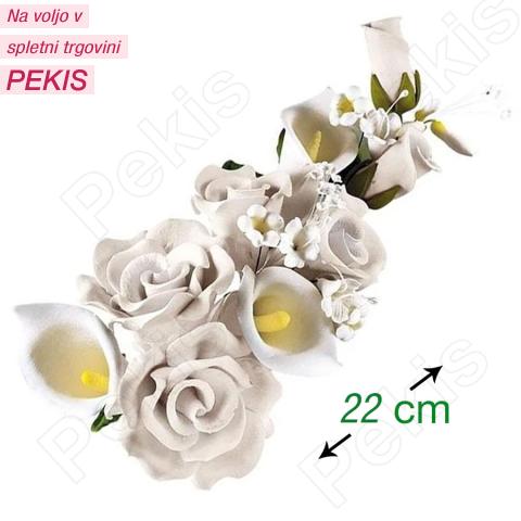 Sladkorni šopek (22cm) bele kale in bele vrtnice