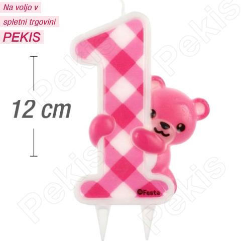 Večja svečka številka, Roza z medvedkom (12cm) št.1