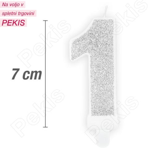 Svečka številka, Srebrna z bleščicami (7cm) št.1