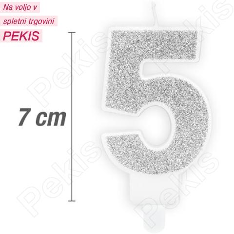 Svečka številka, Srebrna z bleščicami (7cm) št.5