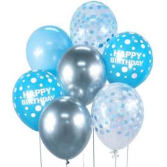 Mix balonov (modro srebrni Happy Birthday) 7 kom