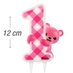 Večja svečka številka, Roza z medvedkom (12cm) št.1