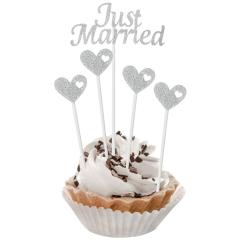 Dekoracija za muffine (6 kom) Srebrni Just Married
